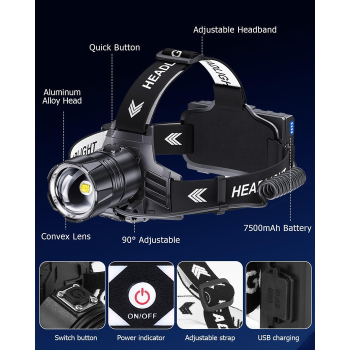 LED налобний ліхтар перезарядна, 100 000 люкс, 12 режимів, червоне світло, IPX7, для кемпінгу, риболовлі, активного відпочинку