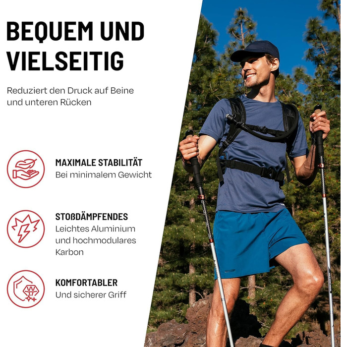 Телескопічні палиці для скандинавської ходьби та трекінгу ATACAMA, карбон та алюміній, з корковими ручками, складні, 270 г