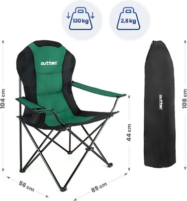 Зручний складаний стілець для кемпінгу Outtec, 130 кг, з високою спинкою, підсклянник, сумка, риболовний стілець, зелений