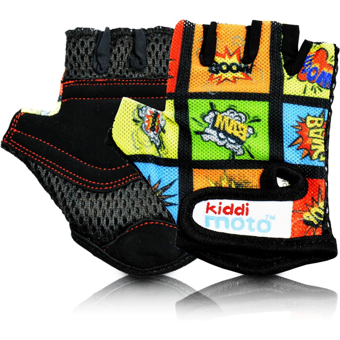 Дитячі велосипедні рукавички KIDDIMOTO без пальців для хлопчиків та дівчаток, розмір M (4-8 років), з принтом комікс