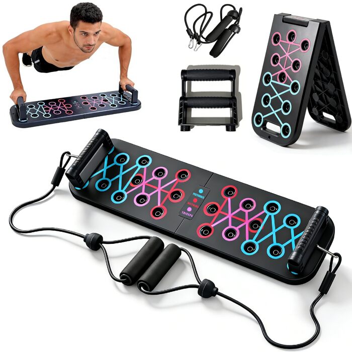 Преміум набір для віджимань 12-в-1 Push Up Board: інноваційна складана дошка для віджимань з регульованими ручками та 2 еластичними стрічками для тренувань вдома та нарощування м'язів