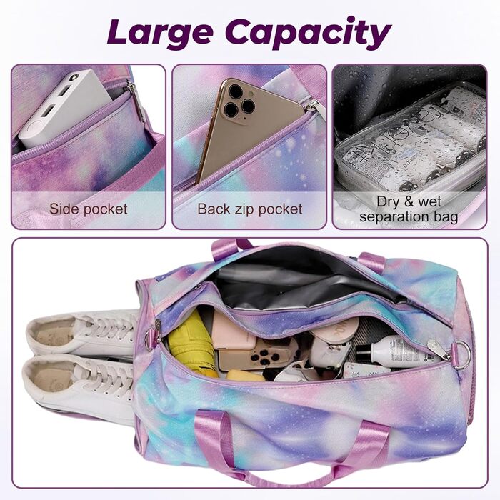 Спортивна сумка Flintronic для дівчаток та жінок, дитяча сумка для плавання з відділенням для взуття та вологостійкою кишенєю, для фітнесу, танців та подорожей, фіолетова, 46x20x25 см