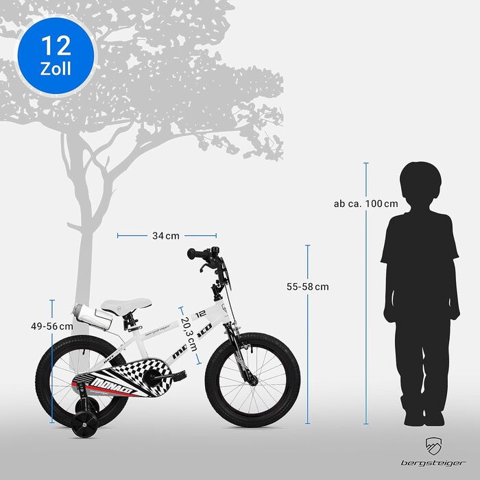 Дитячий велосипед Bergsteiger Monaco 12 дюймів, для 3-4 років, BMX, з додатковими колесами, заднім гальмом, пляшкою та захистом ланцюга