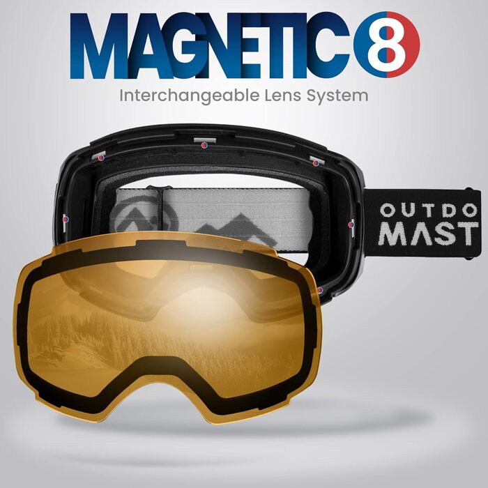 Скі-маска OutdoorMaster PRO унісекс з змінними лінзами. Захист від сонця 100% UV, антитуманна, для носіння з окулярами. Підходить для жінок та чоловіків, хлопчиків та дівчаток. Чорний каркас, помаранчева лінза VLT65%