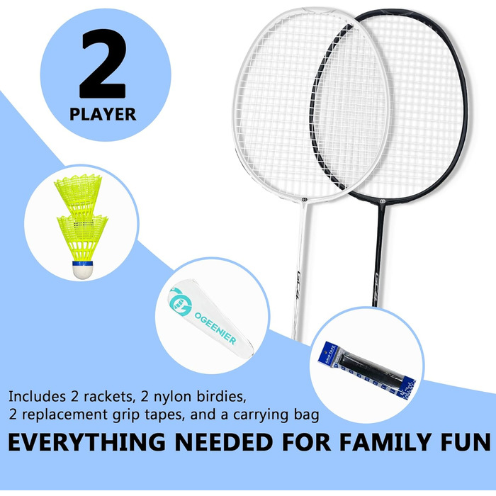 Набір для бадмінтону OGEENIER: 2 ракетки, 2 обмотки, 2 волана, 1 ракетка з сумкою (білий/чорний)