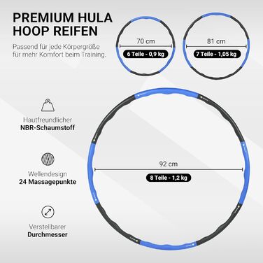 Преміум хулахуп з піною, регульований, для фітнесу та схуднення, 6-8 сегментів, знімний, синій-антрацит