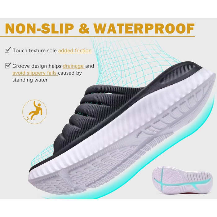 Ортопедичні відновлювальні сандалії KuaiLu для жінок, легкі спортивні шльопанці при плантарному фасциїті, розвантаження суглобів та спини, розмір 43 EU, чорно-білі