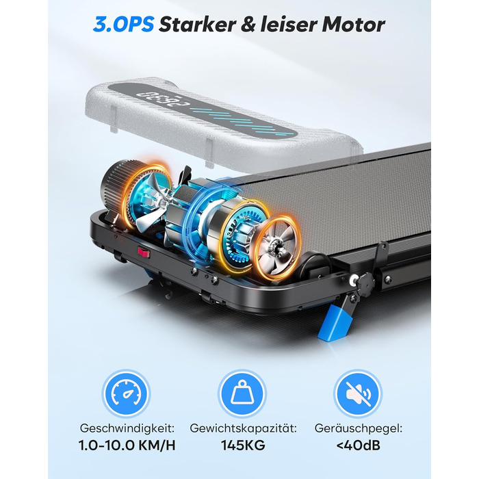 Тренажер для дому 2-в-1 Laufband Klappbar зі складним механізмом, нахилом, LED-дисплеєм, потужністю 3.0PS, для дому та офісу, до 145 кг, без встановлення, чорний