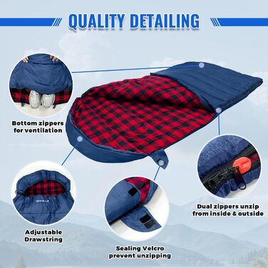Спальний мішок Outdoor Flanell Warmer для кемпінгу: бавовняний, теплий, для 3-4 сезонів, до -1°C, XXL, 230x90 см (Navy-R-Zip)