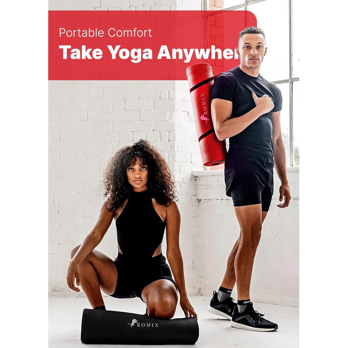 ROMIX Килимок для йоги, 15 мм, з антиковзаючою поверхнею, з сумкою та ременем, для фітнесу, пілатесу, медитації, червоний