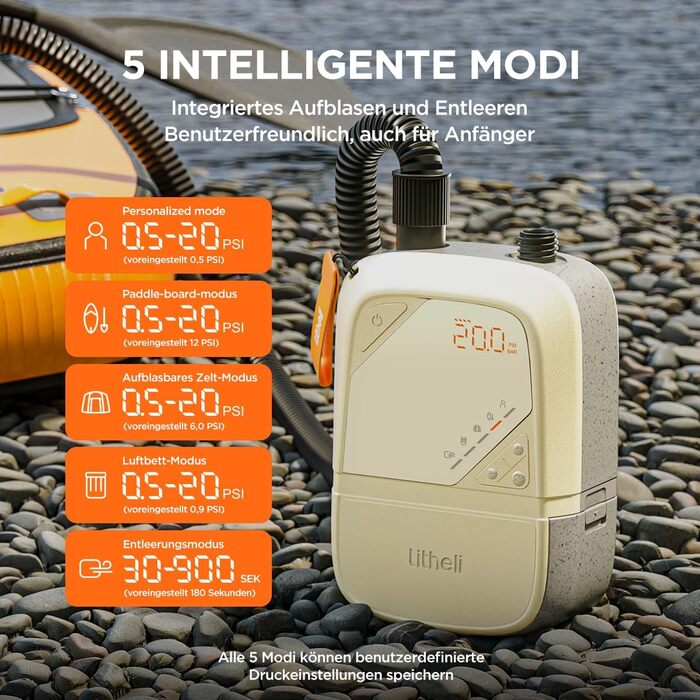 Електричний насос для SUP Litheli з акумулятором 12500mAh, 20PSI, автоматичне надування/здування, для надувних дощок