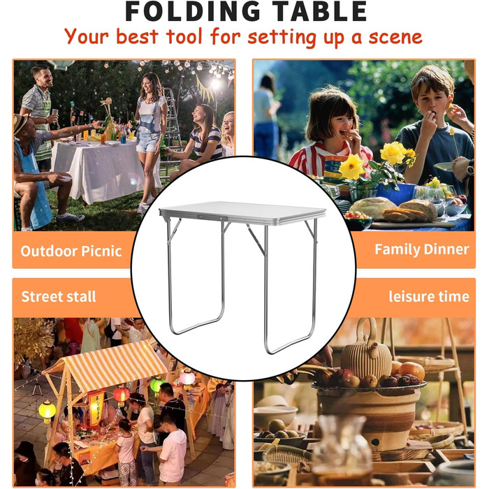 Складаний столик Qimu 60 см, алюміній, легкий, регульована висота, для саду та пікніка, білий