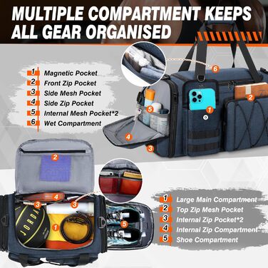 Спортивна сумка RAINSMORE 40L, водонепроникна, з відділенням для взуття, для чоловіків та жінок, для фітнесу, плавання, подорожей