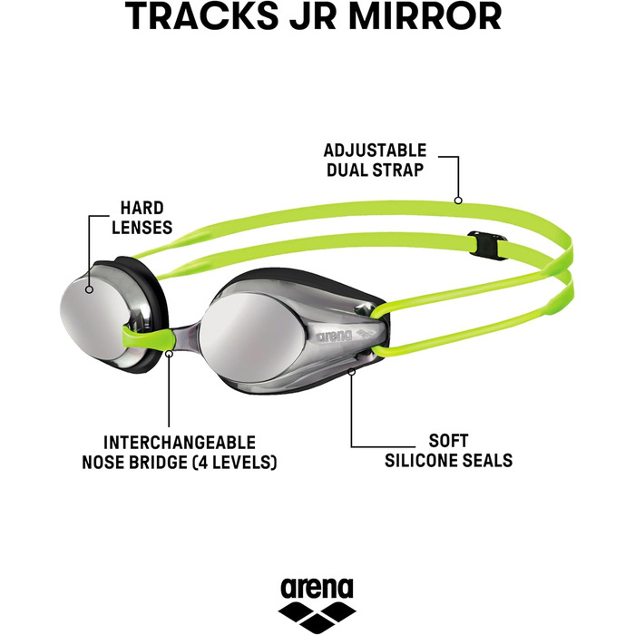 Дитячі змагальні окуляри для плавання arena Tracks Junior із дзеркальним покриттям, антифог, UV-захист, силіконові ущільнювачі, 4 змінні перенісся, сріблясто-чорно-жовті