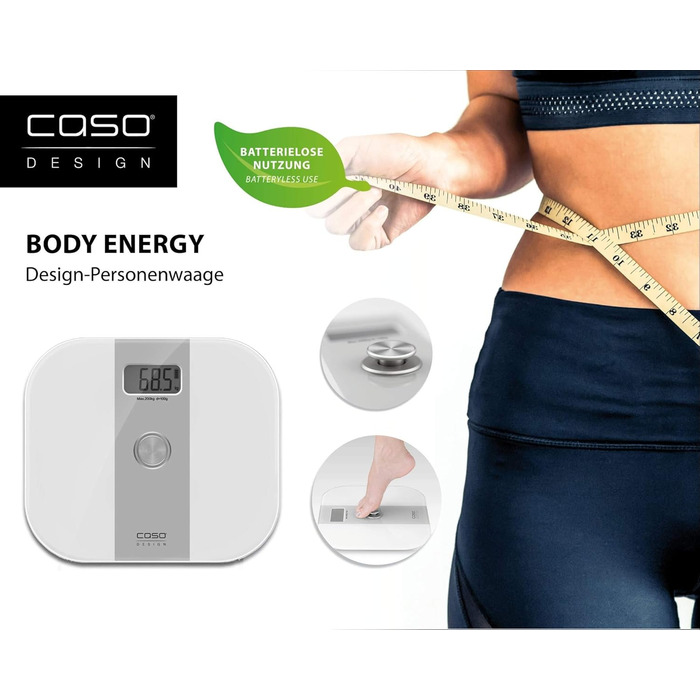 CASO Body Energy – електронні ваги для тіла з технологією Body Energy, без батарейок, екологічні, до 200 кг, крок 100 г