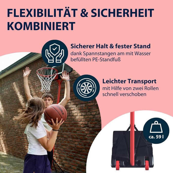 Баскетбольний стенд HUDORA Start: регульована висота, мобільна установка для дітей, підлітків та дорослих, вуличний баскетбольний кошик на колесах (260 см)