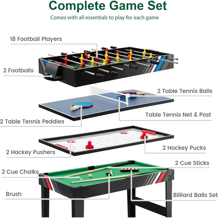 HOMASIS 4-в-1 ігровий стіл з аксесуарами: пінг-понг, хокей на повітрі, більярд, кікер. Підходить для дітей та дорослих, ідеально для барів та вечірок.
