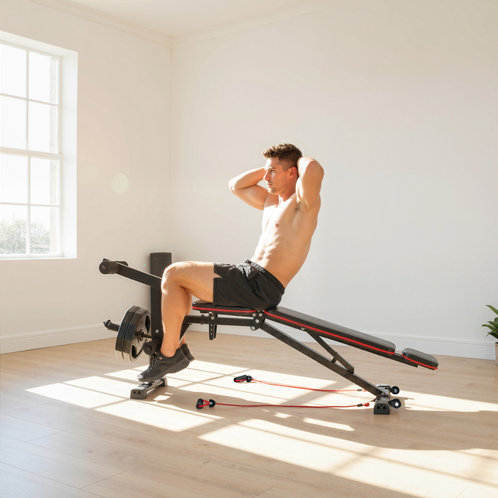 Регульована лава для жиму з вагою до 300 кг 3-в-1: лава для жиму, тренажер для ніг та пулт для згинання ніг. Оснащена роликами, підголівником та еластичними стрічками опору.