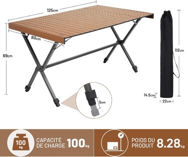 Складний кемпінговий стіл Timber Ridge 125x80 см, регульована висота, для 6 осіб, для пікніка, саду, подорожей