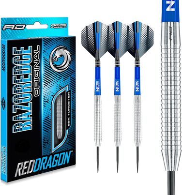 Професійні дартси Red Dragon Razor Edge, вольфрамові, 65 г, сталевий наконечник, сріблясті, з оперенням і шафтами