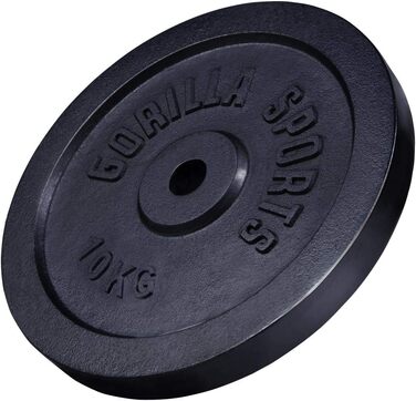 Диски для штанги GORILLA SPORTS, чавунні, сріблясто-чорні, 0,5-30 кг, 30/31 мм, бамперні пластини 10 кг чорні