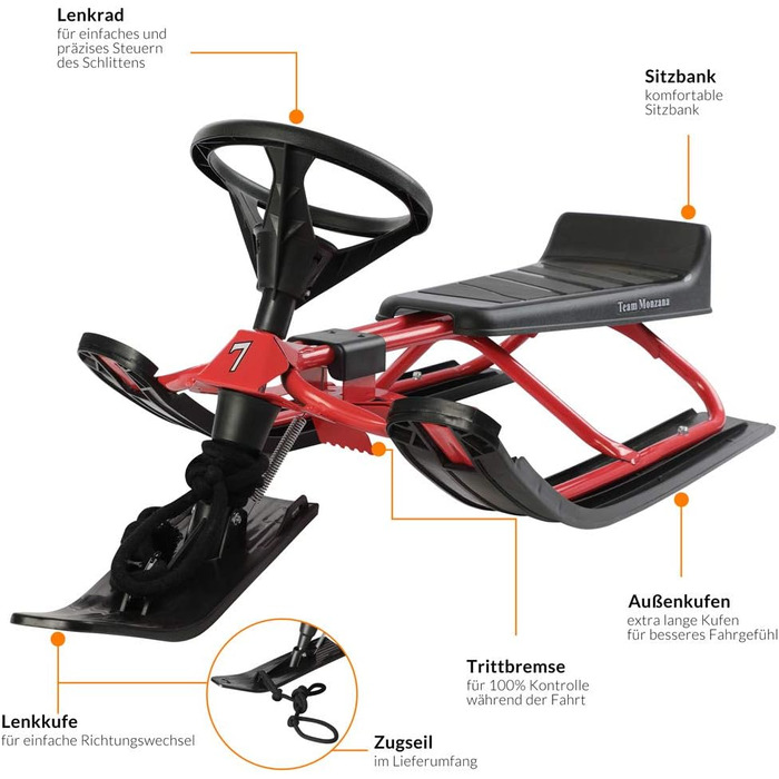 Дитячий санний боб Monzana SR 400red - 75 кг, з гальмом, спинкою та ручкою