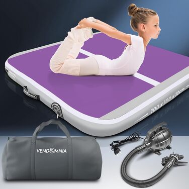 Надувна гімнастична килимок VENDOMNIA Airtrack Matte з електричним насосом та сумкою, 10/20 см заввишки, довжина 1/2/3/4/5/6/7/8 м, для гімнастики, акробатики, фітнесу, йоги, колір Richlavender-Grey