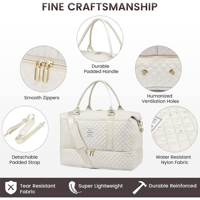 Спортивна сумка LOVEVOOK для жінок: велика дорожня сумка-мішок з косметичкою, відділенням для взуття та мокрих речей. Ідеальна для подорожей, клініки, пологів, вихідних. Водостійка сумка ручної поклажі для літака. 2 шт. Бежевий колір.