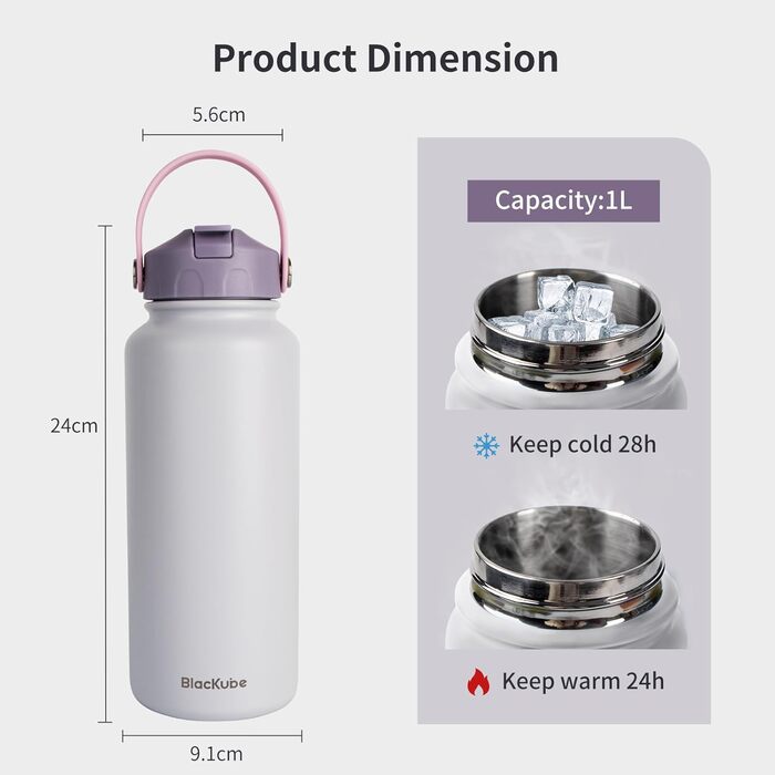 Термос-пляшка Blackube з нержавіючої сталі 1 л з трубочкою, BPA-free, герметична, металева, 1000 мл, Lilac Whisper