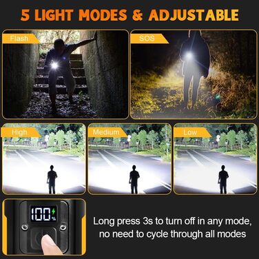 Ліхтар LED Vicloon, 500000 люмен, надпотужний, з регулюванням фокусу, 5 режимів, USB-C, водонепроникний IP53, для кемпінгу, туризму, надзвичайних ситуацій