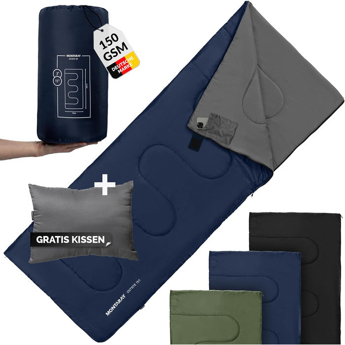 Спальний мішок туристичний з капюшоном до -3°C з подушкою - Outdoor зимовий та літній спальний мішок 3-4 сезони (75 x 220 см) - Гірський спальний мішок для жінок та чоловіків (теплий) Синій 150GSM, без капюшону