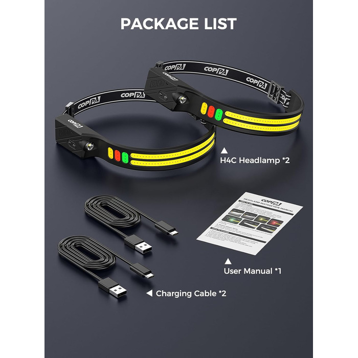 Налобний ліхтар COPPA H4C LED з акумулятором (2 шт.) з функцією Floodlight та Spotlight. Білий, жовтий, червоний, зелений. Датчик руху для дітей, кемпінгу, бігу, риболовлі, альпінізму, ремонту, джогінгу