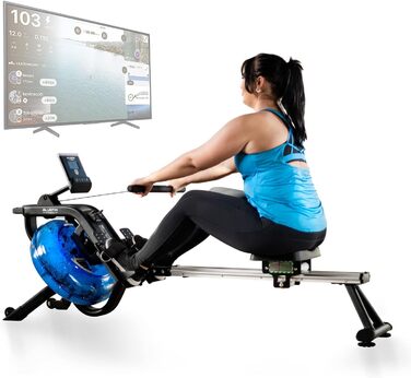 Гребний тренажер Bluefin Fitness Blade Aqua M-1 з водним опором, алюмінієва рама, інтеграція Kinomap, для інтенсивних тренувань