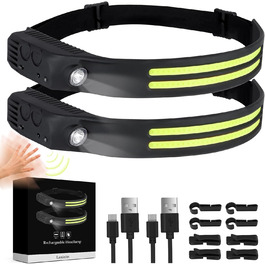 LED налобний ліхтар, 2 шт. з широким кутом огляду 230°, акумулятор 1500mAh, з червоним сигнальним світлом, 5 режимів, водонепроникність IPX4, датчик, для бігу, риболовлі, походів