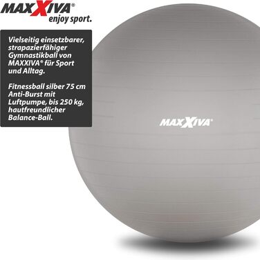 Фітбол MAXXIVA 75 см сріблястий, анти-вибух, з насосом, до 250 кг, для йоги, пілатесу, реабілітації та фітнесу