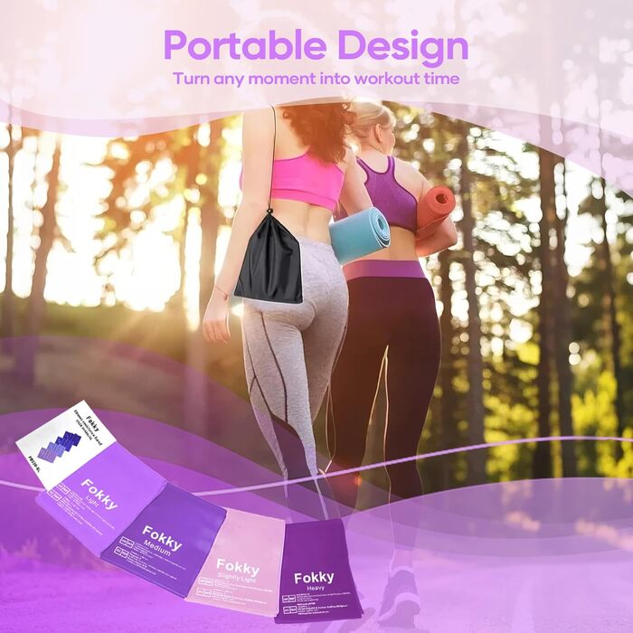Набір фітнес-гумок Fokky Fitnessbänder 4 шт., 2 м, 4 рівні опору, для м'язів, йоги, пілатесу (жовтий, зелений, червоний, синій, фіолетовий)