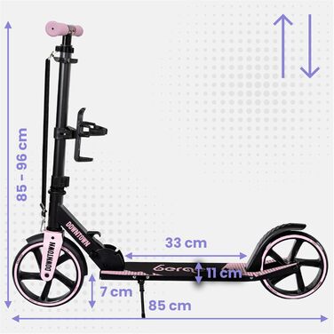 Самокат міський Bergen City Scooter Downtown, алюмінієвий, складаний, 3.3 кг, колеса 200 мм, регульована висота, для дітей від 6 років, підлітків та дорослих до 100 кг, чорний/рожевий