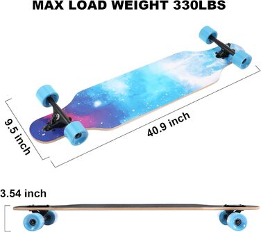 Лонгборд Skateboard 41 дюйм Drop Through, клен 9 шарів, для дорослих та дітей - швидкісні підшипники + T-Tool (Sternenhimmel)