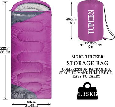 Спальний мішок 3-4 сезони для дорослих та дітей - легкий, водонепроникний, для кемпінгу та подорожей (86.61''x31.49'', фіолетово-сірий)