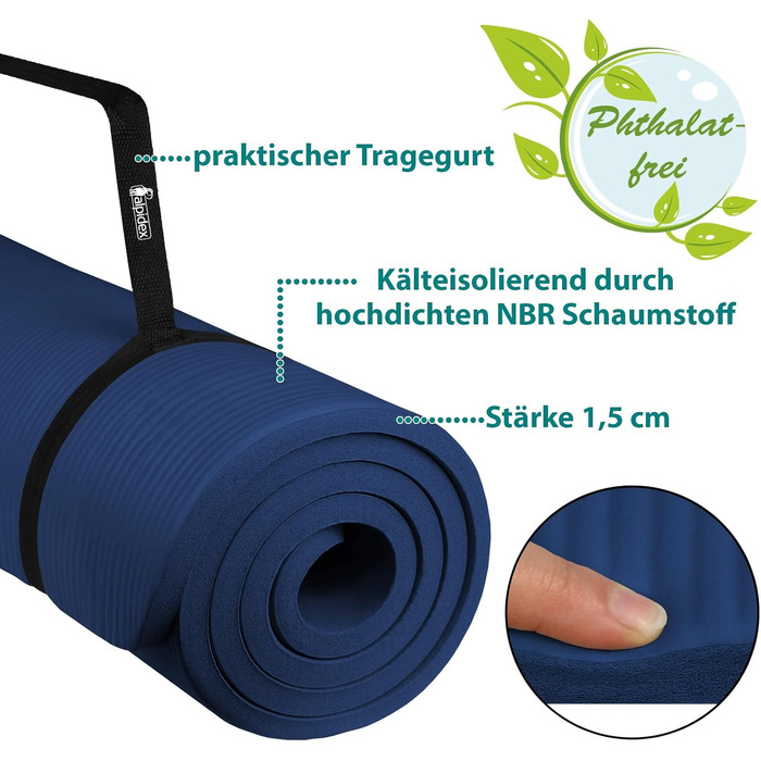 Килимок для йоги Alpidex Extra Dick 190 x 60 x 1.5 см - товстий, неслизький, для фітнесу, пілатесу, гімнастики, HIIT, йоги, фізіотерапії, синій