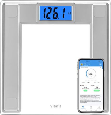 Смарт-вага Vitafit 250 кг з вимірюванням ваги і ІМТ, цифрова особиста вага з Bluetooth, додатком для смартфона, 8 мм загартоване скло, широка платформа, срібляста