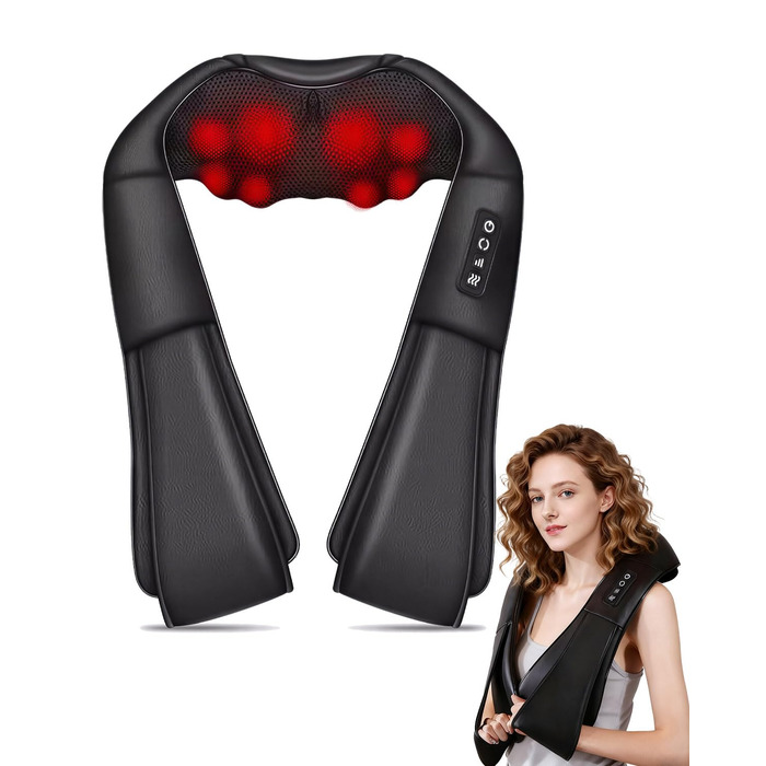 Масажер для шиї з підігрівом 2026, 4D Shiatsu масажер для шиї та плечей, знімає біль у шиї, спині, попереку тощо, з мережевим та автомобільним адаптером, подарунок для батьків та партнерів, чорний