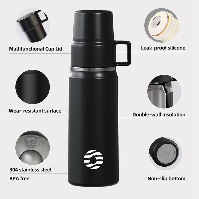Термос Healter 850 мл з чашкою для кави, герметичний, BPA-free, нержавіюча сталь, для дітей, спорту, школи, фітнесу, кемпінгу, чорний
