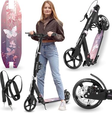 Самокат дитячий та підлітковий HyperMotion Vibe алюмінієвий, до 100 кг, складний, регульована висота керма, колеса 200 мм, ABEC-7 (Чорний з рожевим)