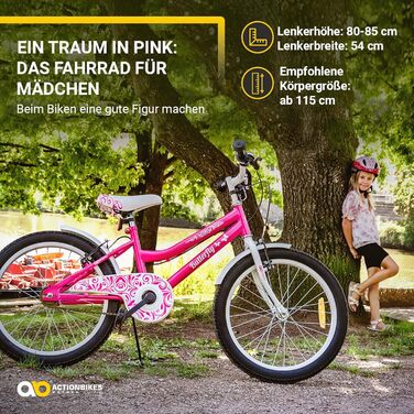 Детский велосипед Actionbikes Butterfly, 20 дюймов, V-Brake тормоза, защита от грязи спереди и сзади, для девочек 6-9 лет, белый/розовый