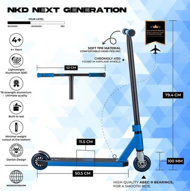 Трюковий самокат NKD Stunt Scooter New Generation (Синій) – Алюміній 6061, ABEC-9, обертовий кермо 360° для фрістайлу