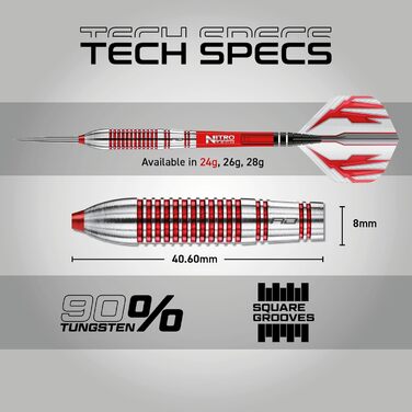 Дротики Red Dragon Reflex з вольфраму зі сталевим вістрям, з оперенням і хвостовиками