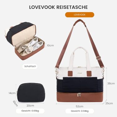 Сумка-вихідні LOVEVOOK для жінок, клінічна сумка, валіза ручної поклажі, легка лікарняна сумка, містка дорожня сумка-мішок з відділенням для взуття та косметичка, спортивна сумка для подорожей (B-чорний, бежевий, коричневий, 52x38x25 см (50 л))
