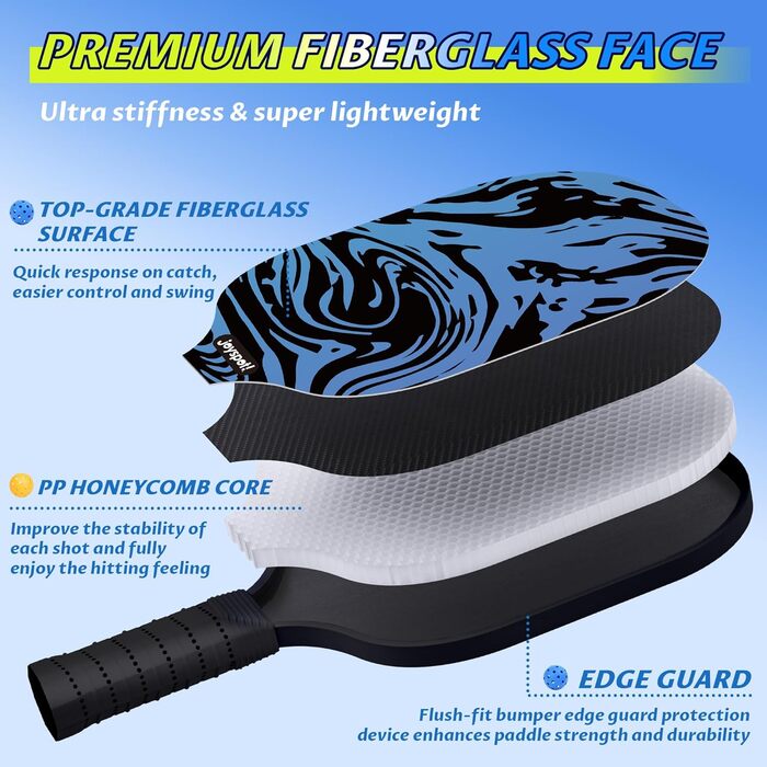 Набір для піклболу JOY SPOT! 2 ракетки, 4 м'ячі, сумка – Легкі ракетки з фібергласовою поверхнею для чоловіків, жінок та початківців – Ідеально для гри в приміщенні та на вулиці