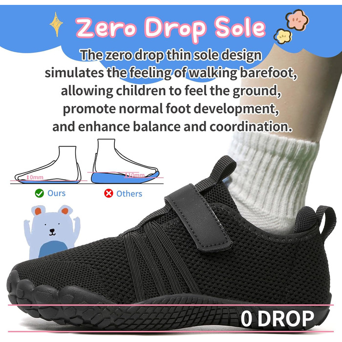 MIFAWA дитячі шкарпетки-кросівки (барфут) для хлопчиків та дівчаток, широка передня частина, Zero-Drop, аквашузи, плавальні тапки, розмір 26-37, чорний